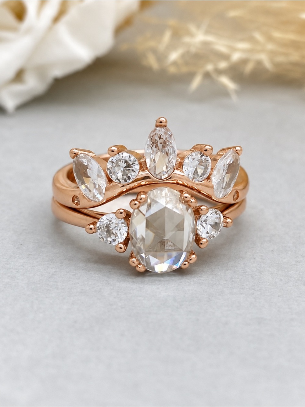 Rose Gold Oval Rose Cut Moissanite Sterling Silver Stackable CZ Band Ring Set